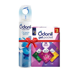 Odonil Spray & Gel Pocket Combo : OdonilRoomAir FreshnerSpray, Ocean Breeze - 220ml + Odonil Gel Pocket Mix - 30g (Assorted pack of 3 new fragrances) | For Home & Office | Long Lasting Fragrance