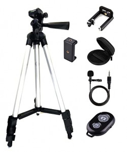 Adjustable Tripod Stand 3110 (13.8- 41.3) with Bluetooth Selfie Remote, Collar Lavalier Lapel Microphone (1.5 Mtrs Wire), Mobile Holder Bracket With Carry Pouch (Aluminum Alloy Tripod Stand Pack -1)