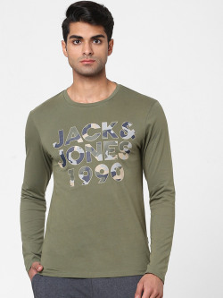 Jack & Jones Men Green Typography Printed Cotton Lounge T-shirt
