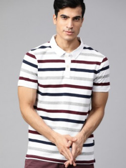 Roadster Striped Men Polo Neck White T-Shirt