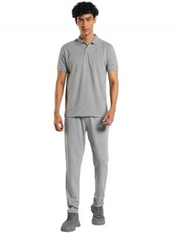 NOBERO Men's Grey Melange Airport Polo T-shirt & Joggers Co-ord Set - Grey Polo T-shirt & Joggers Set - Regular Fit Co-ord Set for Men - M