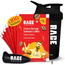 Rage Coffee Extra Strong Premium Blend Coffee Sachets - (Pack of 100) | Premium, Bold & Instant | Makes 100 Cups | Instant Coffee Sachets & Chicory- 100% Arabica Beans for Hot & Cold coffee Powder + Multi-purpose Shaker 400 ml & Frother