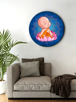 999Store Blue & Orange Little Laughing Buddha Sitting On Lotus Round Shape Wall Painting