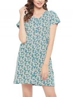 Clovia Women's Cotton Pretty Florals Button-Down Short Night Dress in Blue (NS1348D03_Blue_M)