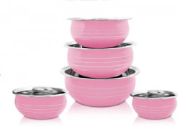 Nirvika Stainless steel handi set Color Coating Pink of 5 piece Cookware Set/Patila/Tope Non-Stick Coated Cookware Set(Stainless Steel, 5 - Piece)