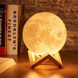 NYTK RETAIL 3D 7 Color Changeable 3D Moon Lamp with Stand for Bedroom Lights for Home Indoor,Rechargeable Battery Powered and Just Tap Bedroom Light with Wooden Stand, 15 cm (No Remote),LED,Multicolor