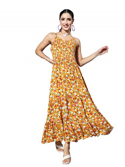 ishin Women's Midi Polyester Printed Floral Mustard Fit & Flare Dress INWDR0250_MS_XL_Mustard