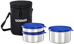 Amazon Brand - Solimo Executive Lunch Box Set | Stainless Steel Containers - Set of 3 (250 ML + 400 ML + 550 ML) & Insulated Easy-to-Carry Lunch Bag for School, College, Office Use - Blue