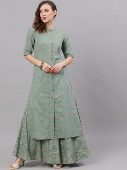 AKS Women Printed, Floral Print Frontslit Kurta(Green)