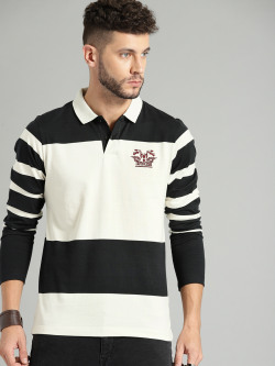 The Roadster Lifestyle Co Men White & Black Striped Polo Collar T-shirt