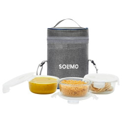 Amazon Brand - Solimo Borosilicate Glass Lunch Boxes | Set of 3 (400 ml * 3) with Detachable Lid & Lunch Bag for School, College, Office Use | Microwave Safe & Leak Proof | Grey