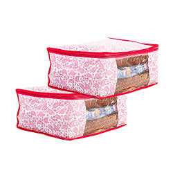 Amazon Brand - Solimo 2 Piece Non Woven Fabric Saree Cover Set with Transparent Window, Extra Large, Flora Pink