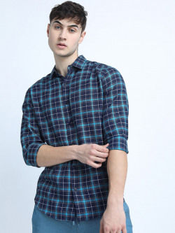 KETCH Men Navy Blue Slim Fit Tartan Checks Checked Casual Shirt