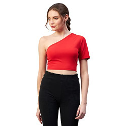 RARE Women Casual Red Colour One Shoulder Solid Fitted Top