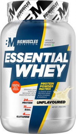 BIGMUSCLES NUTRITION Essential| 24g Protein with Digestive Enzymes, Vitamin & Minerals Whey Protein(1 kg, Unflavoured Raw Whey)