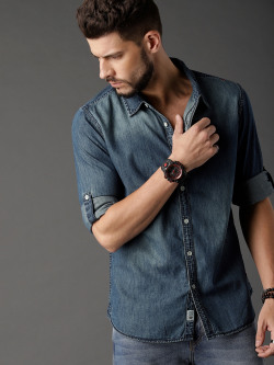 Roadster Men Blue Faded Denim Sustainable Shirt