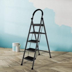 Cheston MS Home Black 5 Steps Foldable 5.1 FT Anti Skid Load 150+ Kgs Steel Ladder(With Platform, Hand Rail)