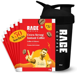 Rage Coffee Extra Strong Premium Blend Coffee Sachets - (Pack of 50) | Premium, Bold & Instant | Makes 50 Cups | Instant Coffee Sachets & Chicory- 100% Arabica Beans for Hot & Cold coffee Powder + Multi-purpose Shaker 400 ml