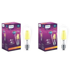 Philips 8-watt E27 ST64 LED Glass Filament Bulb | Decorative LED Bulb for Home Decoration | Warm White/Golden Yellow, Pack of 2