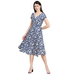 KERI PERRY Women's Blue & White Polyester Botanical Print Fit & Flared Knee Length Regular Fit, Western Dress, Large