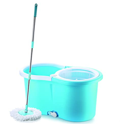 Ganesh Rapid Plastic Spin Mop, Round Plastic Bucket Floor Cleaning Mop with Bucket, Pocha for Floor Cleaning, Mopping Set (Blue, Set of 2 Microfiber Refills)