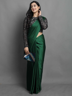 KALINI Green Satin Saree With Sequinned Blouse Piece