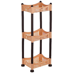 Amazon Brand - Solimo Three-Tier Multipurpose Plastic Rack for Kitchen, Living Room, Bathroom (Concave, Beige and Brown)