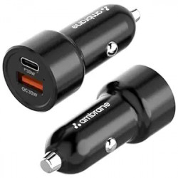 Ambrane 60W Fast Car Charger with Dual Output, 60W Total (30W USB + 30W Type C PD) Fast Charging Compatible with All Cars for iPhone & Android Smartphones and Tablets (ACC60, Black)