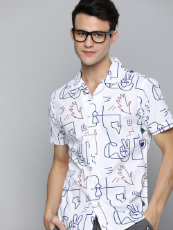 HERE&NOW Men White Cotton Slim Fit Printed Sustainable Casual Shirt