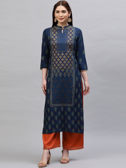 Indo Era Women Navy Blue Ethnic Motifs Printed Keyhole Neck Thread Work Kurta