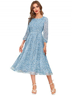 KERI PERRY Women's Sky Blue Georgette Floral Fit & Flared Western Dress | Dress for Women | A line Dress | Winter Dress | Western Dress | Latest Women Dress | Trendy Dress | Midi Dress