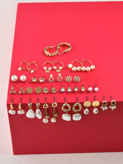 AMI Set Of 20 Gold-Plated & White Contemporary Studs Drop & Hoops Earrings