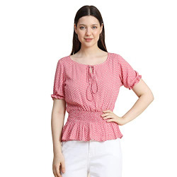 KERI PERRY Women's Baby Pink Crepe Polka Dot Crop Top(LABHU_052-TP/L)
