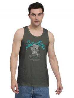 Peppyzone Streetwear Teddy Bear Printed Cotton Vest for Men (S, Olive2)