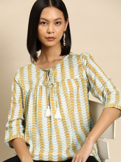 all about you Blue & White Ethnic Motifs Printed Pure Cotton Empire Kurti
