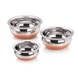 Dynore Stainless Steel 3 Pcs Handi Set with Copper Bottom Base for Kitchen and Serving Without Lid