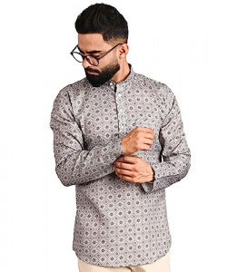 SWADESI STUFF Cotton Blend Designer Full Sleev Short Printed Kurta for Men - KP 119 Steel Grey-XL