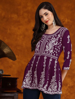 HERE&NOW Purple Embroidered A-Line Kurti