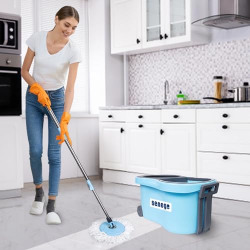Senego Spin Mop with Big Wheels and Stainless Steel Wringer, Bucket Mopping System for Floor Cleaning (Extra 1 Microfiber Refill, Blue)