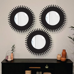 Creative Arts n Frames 11 inch Set of 3 Round Wall Dcor Hand Crafted Wooden HD Wall Mirror Panel for Living Room Bedroom Lobby Modern Wall Decor (Black 1)