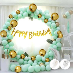 Flyloons 53pcs set of Birthday decoration items with Sparkle Golden Happy birthday Banner, Mint Green Pastel/Macron Balloons. Golden Chrome balloons,Glue dots,arch strip for balloons