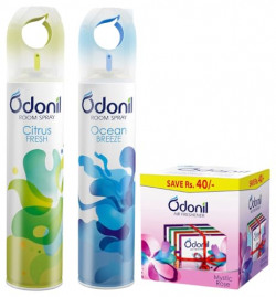 OdonilRoomAir FreshnerSpray - 440ml Combo (Pack of 2, 220ml each) | Citrus Fresh & Ocean Breeze & Odonil Bathroom Air Freshener Blocks Mixed Fragrances - 192g (48g*4) COMBO