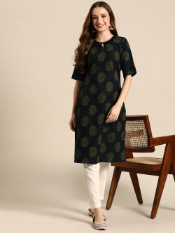 Sangria Ethnic Motifs Printed Keyhole Neck Kurta