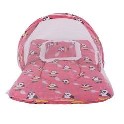 Bumtum Baby Bed, Mosquito Net & Neck Pillow, Baby Gadda Set for New Born, 0-6 Month, Printed Baby Bedding, Baby Elephnat Sleeping Bed of 71cm x 47cm x 5cm, Baby Panda Peach, Cotton, Free Size