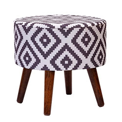 SATTVA Round Wooden Stools for Sitting Ottoman upholstered Foam Cushioned pouffe Puffy for footrest Home Furniture_Square Pattern Print (Collapsible Legs)_(41 x 41 x 43 cm)