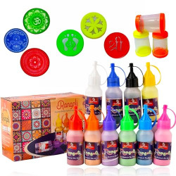 CraftVatika Rangoli Making Tools Kit - Set of 10 Rangoli Powder Bottles Tubes with Nozzles, 3 Stencils, 3 Fillers, 3 Stamp, Diwali Decoration Items for Home