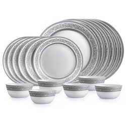 Cello Opalware Solitaire Series Argento Dinner Set, 18 Units | Opal Glass Dinner Set for 6 | Crockery Set for Festive Ocassions, Parties | White Plate and Bowl Set