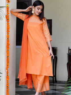 HOUSE OF JAMOTI Women Gotta Patti A-Line Pure Cotton Kurta with Palazzos & Dupatta
