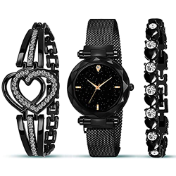 Acnos Premium Brand - Analogue Plain Full Black Dial Magnet Watch With Gift Bracelet for Women or Girls (Combo of 3, Metal)