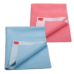LuvLap Lace Plastic Instadry Anti-Piling Fleece Extra Absorbent Quick Dry Sheet For Baby, Baby Bed Protector, Waterproof Baby Sheet, Small Size 50X70Cm, Pack Of 2, Sky Blue & Salmon Rose